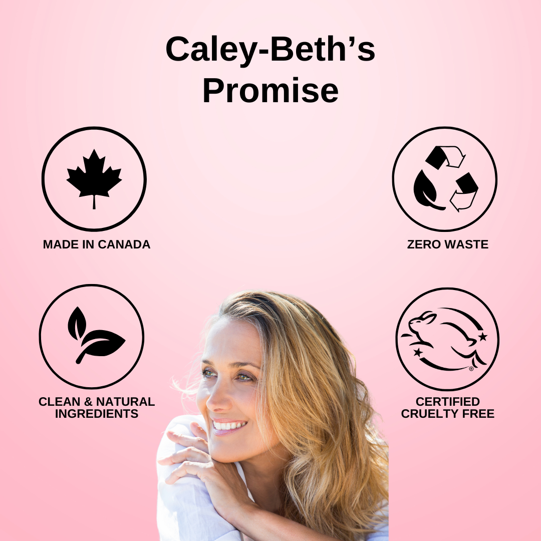A woman, representing our customer avatar, proudly embraces Caley-Beth's commitment to Made in Canada, Clean & Natural Ingredients, Zero-Waste, and Certified Cruelty-Free skincare. Perfect for women who care about their health and wellbeing.