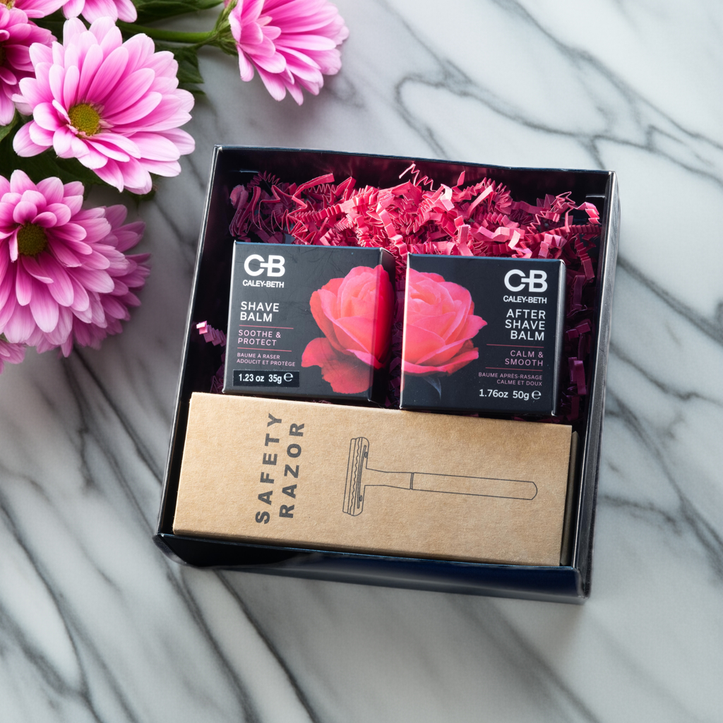 The Ultimate Smooth Shave Set displayed with a safety razor, shave balm, after shave balm, and refill blades—everything needed for a gentle, luxurious shave.