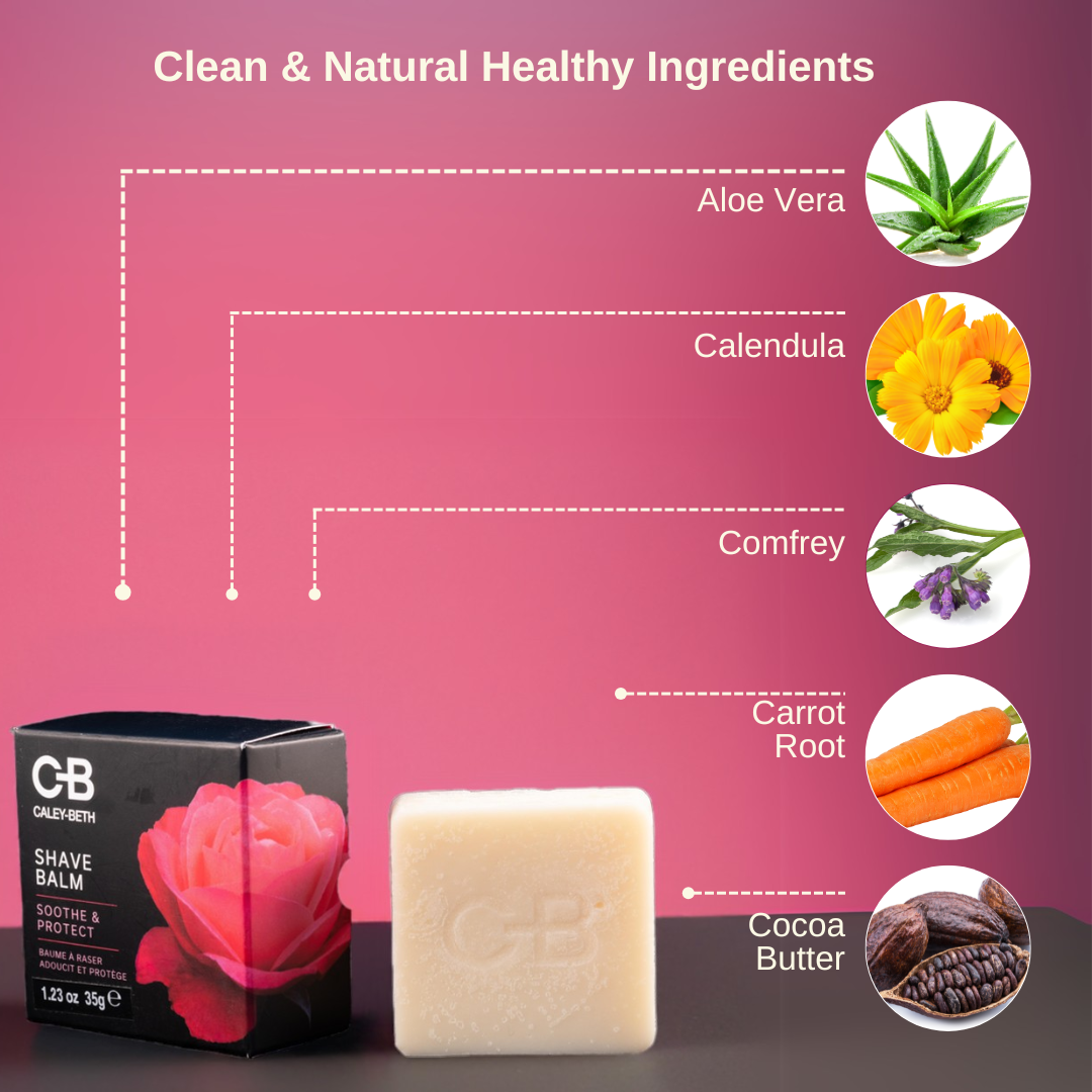 A Caley-Beth Shave Balm Bar displayed with its natural ingredients—Aloe Vera, Calendula, and Comfrey—for a hydrating, irritation-free shave. Made in Canada.