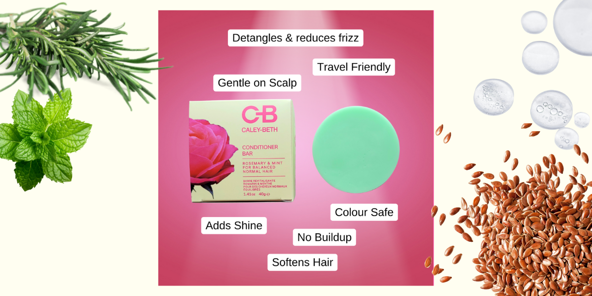 Caley-Beth Conditioner Bar with key ingredients like Squalane and Daikon Seed Extract. Benefits include smoothing and detangling without buildup, adding shine, reducing frizz, softening hair, and being gentle on the scalp. Colour safe, travel-friendly, zero-waste, plastic-free, and proudly made in Canada.