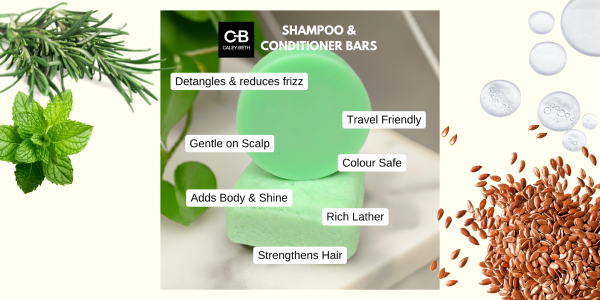 Stacked Caley-Beth Shampoo and Conditioner Bars made with clean, natural ingredients like Squalane and Daikon Seed Extract. Benefits include rich lather, added body and shine, reduced frizz, smooth and detangled hair without buildup, and gentle care for scalp and hair. Colour safe, plastic-free, zero-waste, travel-friendly, and proudly made in Canad