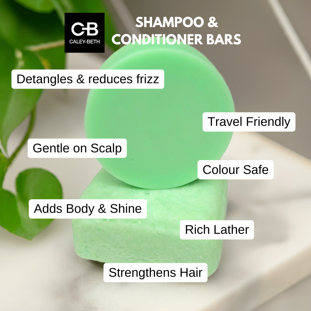 Caley-Beth Shampoo and Conditioner Bars stacked together with benefits: smooth and detangle without buildup, add shine, reduce frizz, add body, create rich lather, soften hair, and are gentle on the scalp. Colour safe, travel-friendly, zero-waste, plastic-free, and made in Canada.