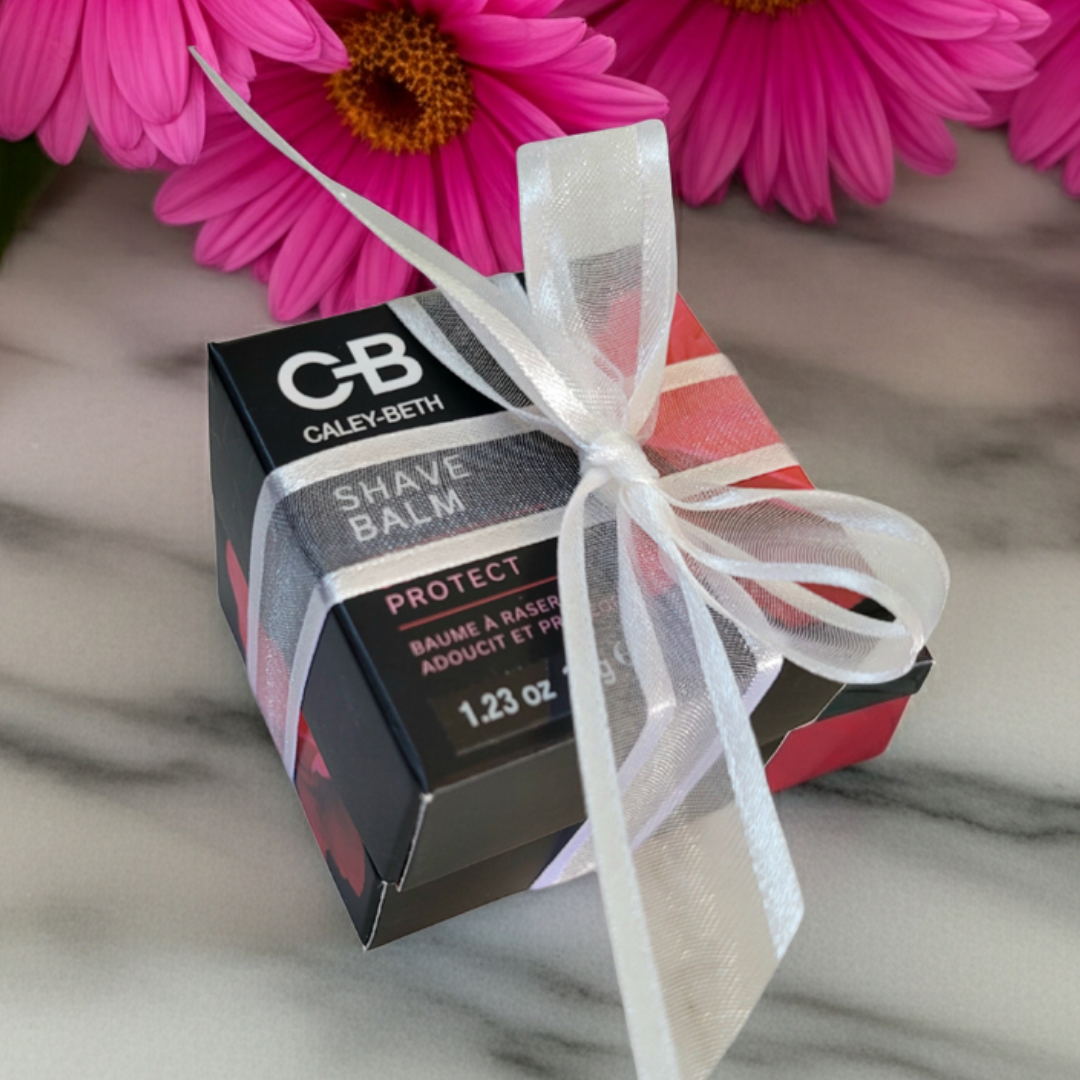 Caley-Beth Soothing Shave Duo gift set wrapped with a bow, featuring shave balm and after shave balm, Canadian made skincare.