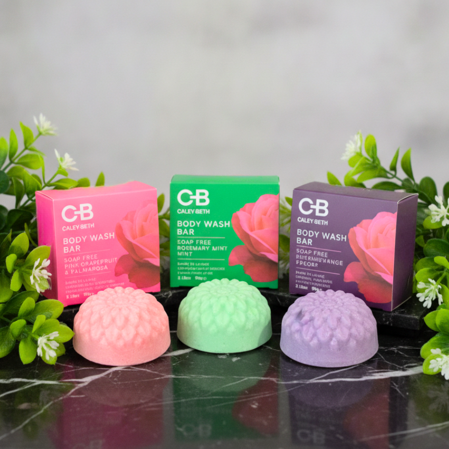 Unwrapped gift set featuring three Canadian-made Caley-Beth Body Wash Bars in Pink Grapefruit & Palmarosa, Rosemary & Mint, and Lavender & Bergamot.