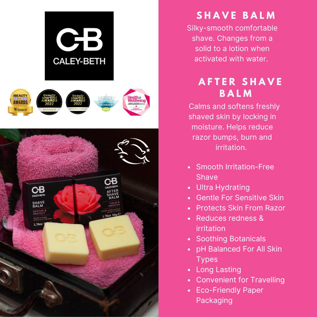 Smooth, hydrated skin after using Caley-Beth After Shave Balm Bar for razor burn relief and soothing hydration. Made in Canada.