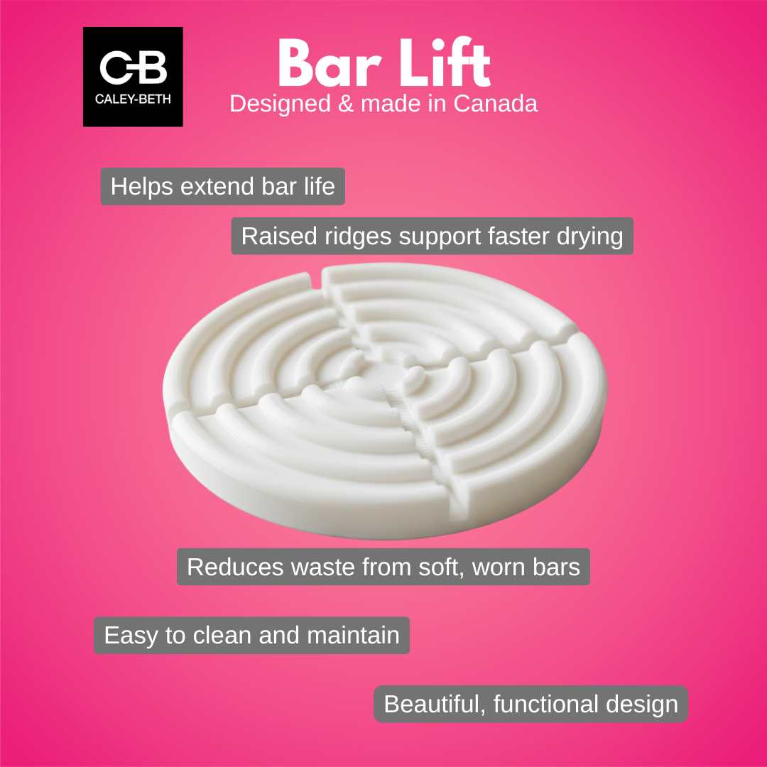 Caley-Beth Body Wash Bar Lift designed to keep body wash, shampoo, and conditioner bars dry, cleaner, and longer-lasting. Designed and made in Canada.