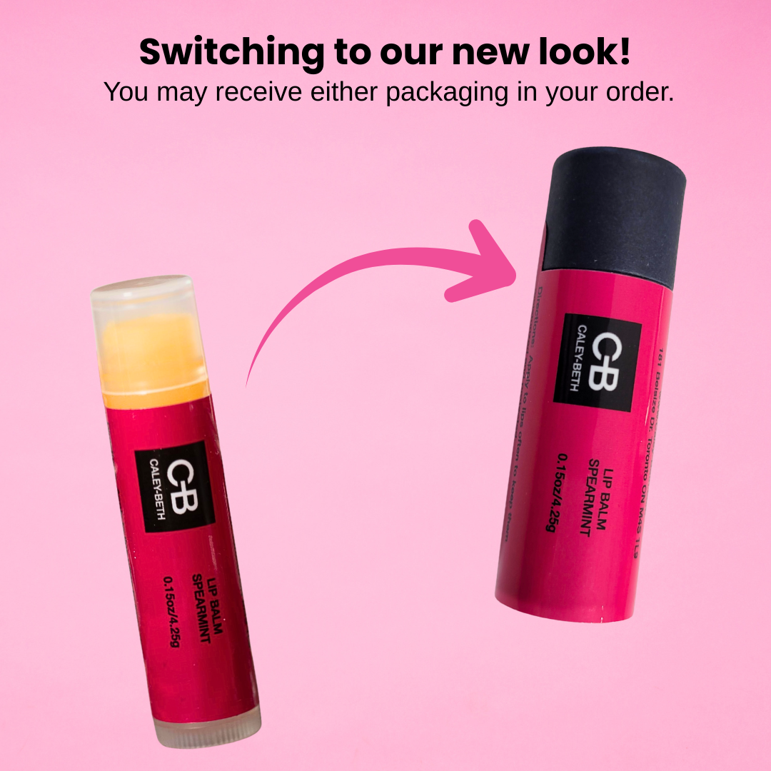 Old and new Caley-Beth packaging shown side by side with an arrow between them, highlighting the transition to new zero-waste paper tubes. Made in Canada.