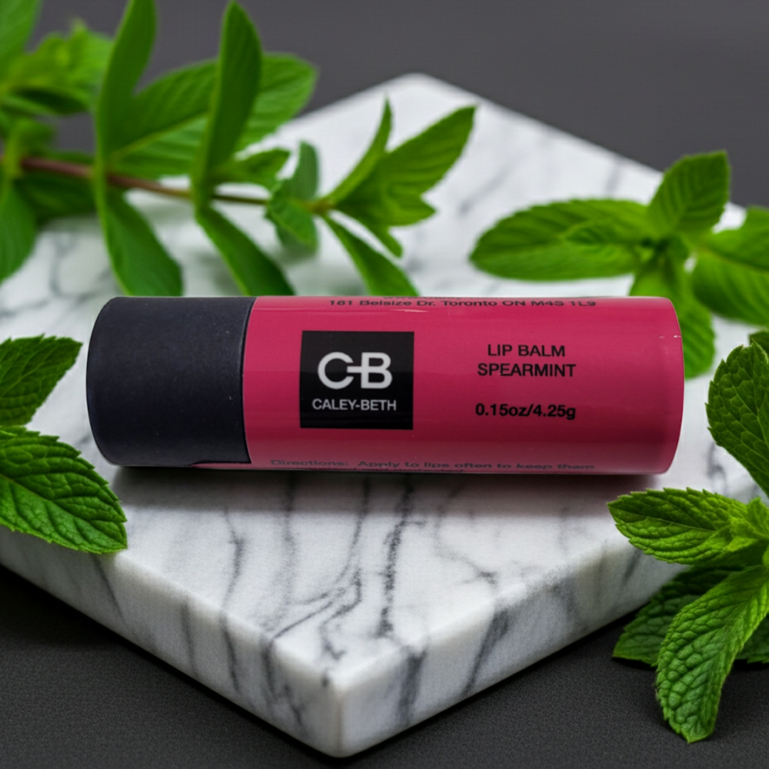 Caley-Beth Spearmint Lip Balm showing its eco-friendly paper tube. Fresh spearmint scent, proudly made in Canada.