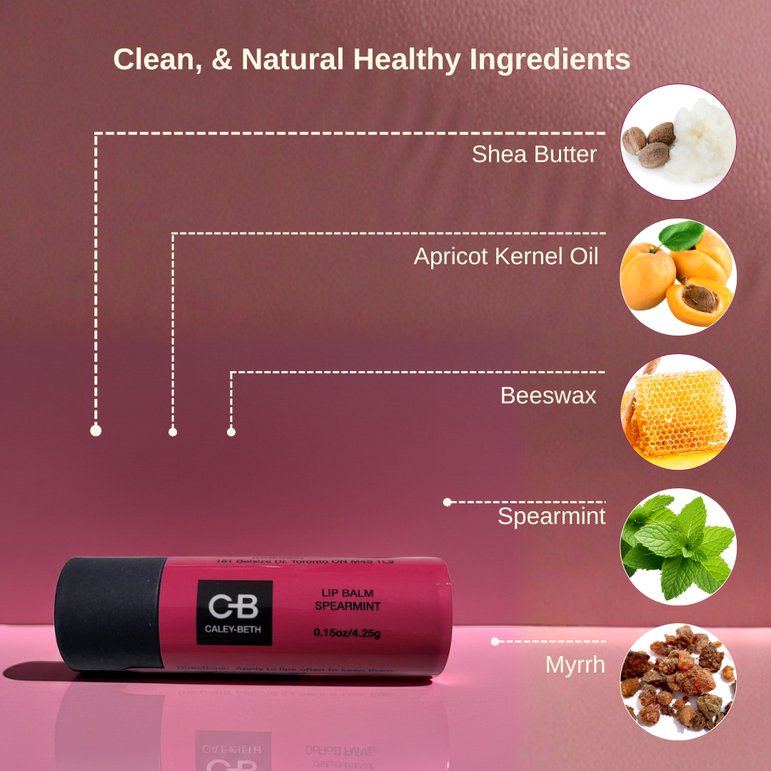 Caley-Beth Lip Balm made in Canada with natural ingredients including shea butter, apricot kernel oil, beeswax, spearmint, and myrrh for soft, hydrated, healthy lips