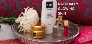 Naturally glowing skin with Caley-Beth Revitalizing Face Cream, Honey Facial Cleanser, Eye Oil and Lip Balm.