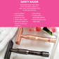 Feature sheet highlighting the benefits of Caley-Beth’s Double Edge Safety Razor—sustainable, plastic-free, and designed for a smooth, irritation-free shave.