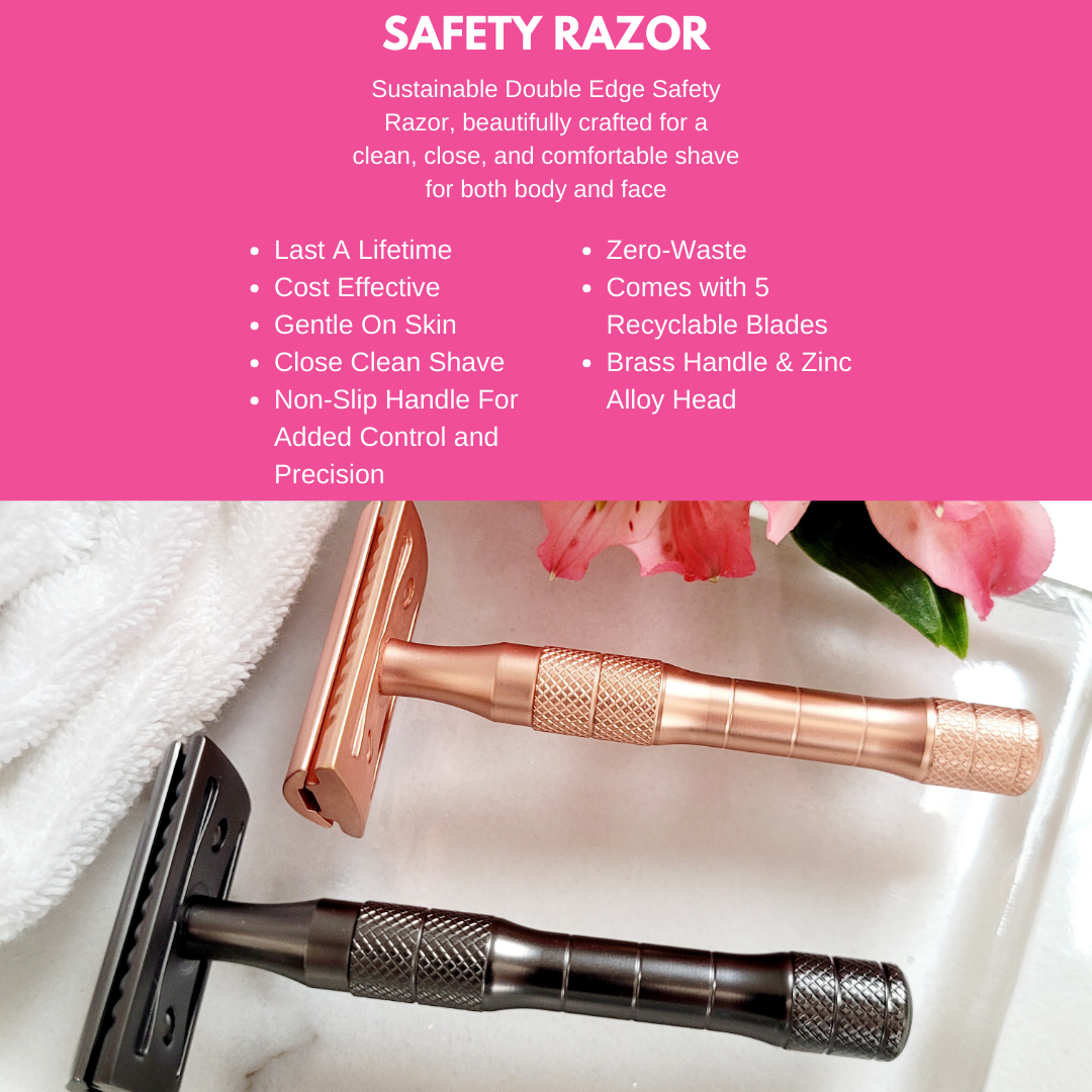 Feature sheet highlighting the benefits of Caley-Beth’s Double Edge Safety Razor—sustainable, plastic-free, and designed for a smooth, irritation-free shave.