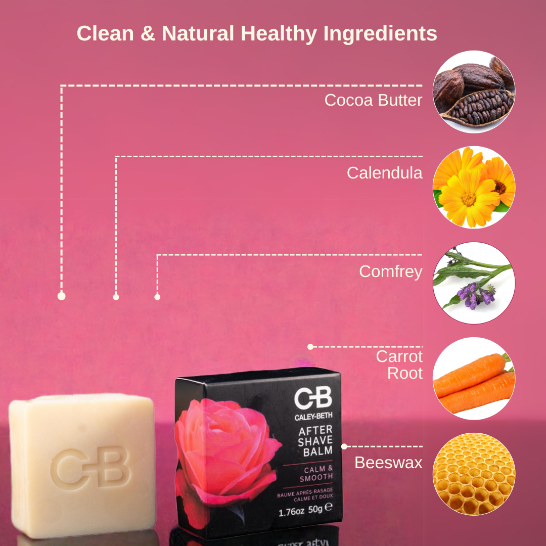 Highlight of the natural ingredients used in Caley-Beth After Shave Balm Bar like Cocoa Butter, Calendula, and Carrot Root Oil. Made in Canada.