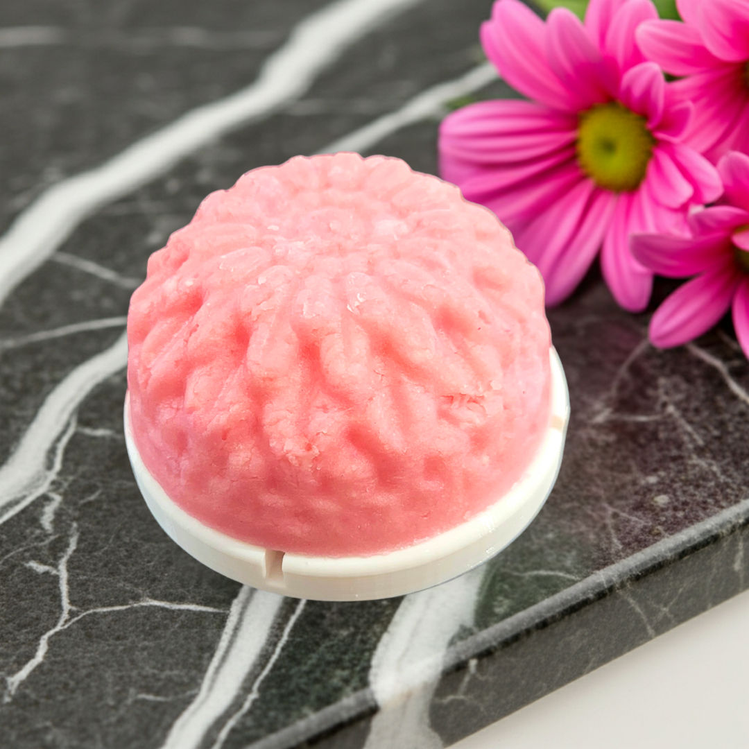 Pink Grapefruit and Palmarosa body wash bar on bar lift soap saver, long lasting low waste body care made in Canada with natural ingredients for smooth refreshed skin.