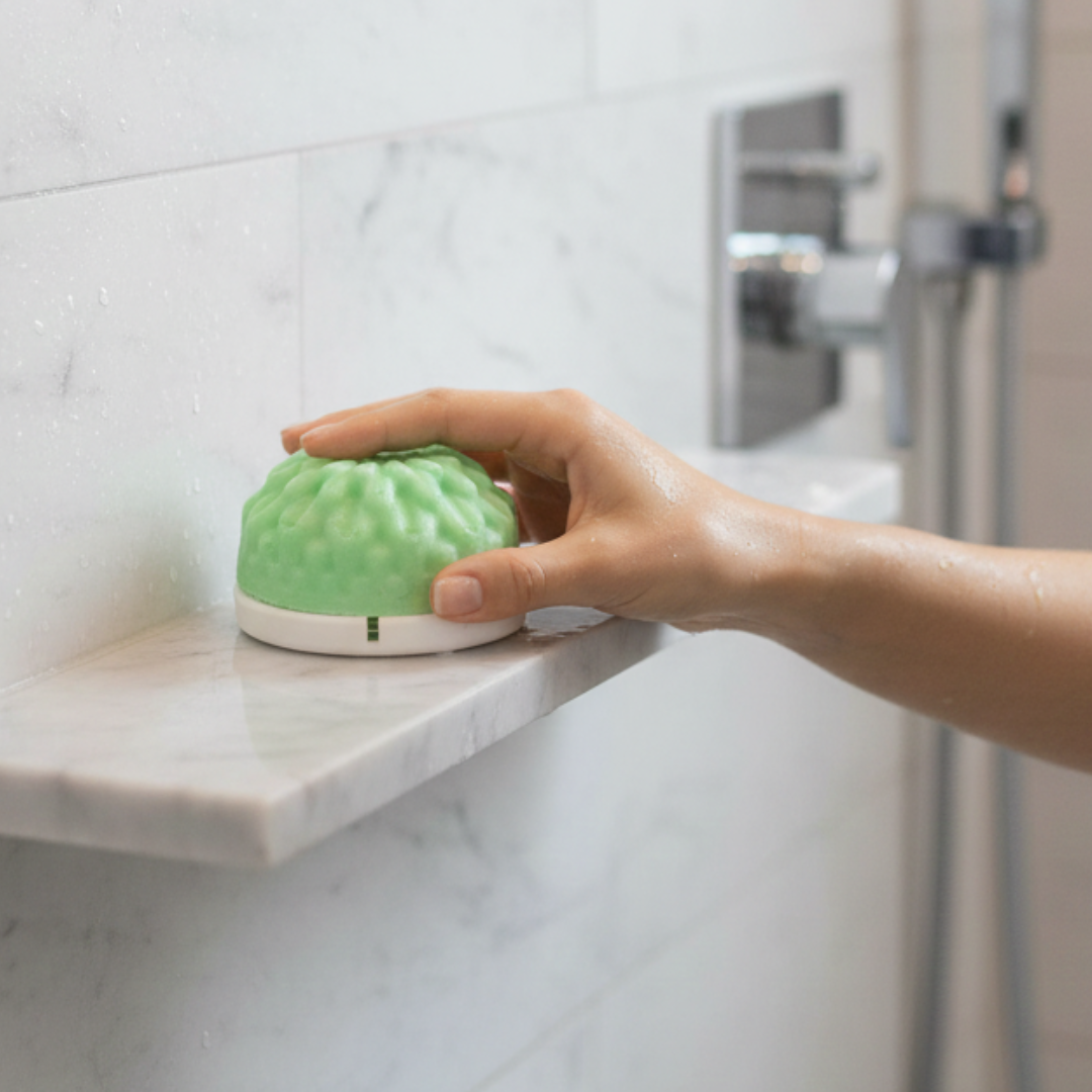 Woman reaching for Caley-Beth Rosemary & Mint Body Wash Bar resting on a Bar Lift in the shower. Better-than-soap body wash bar and soap saver, made in Canada.