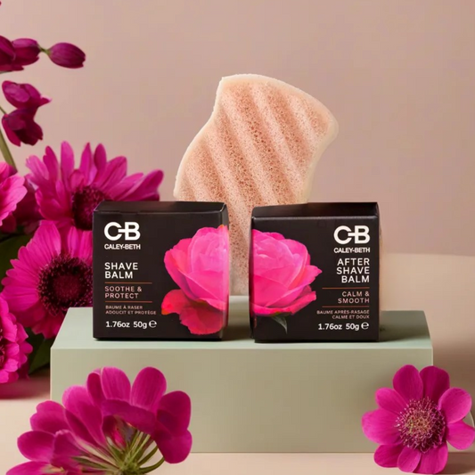 Soothing Shave Set contents displayed – includes a zero-waste Shave Balm, After Shave Balm, and a Konjac Sponge for smooth, hydrated skin.  Made in Canada.