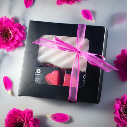 Soothing Shave Set beautifully packaged in a gift box – includes Shave Balm, After Shave Balm, and a Konjac Sponge for a gentle, irritation-free shave. 
