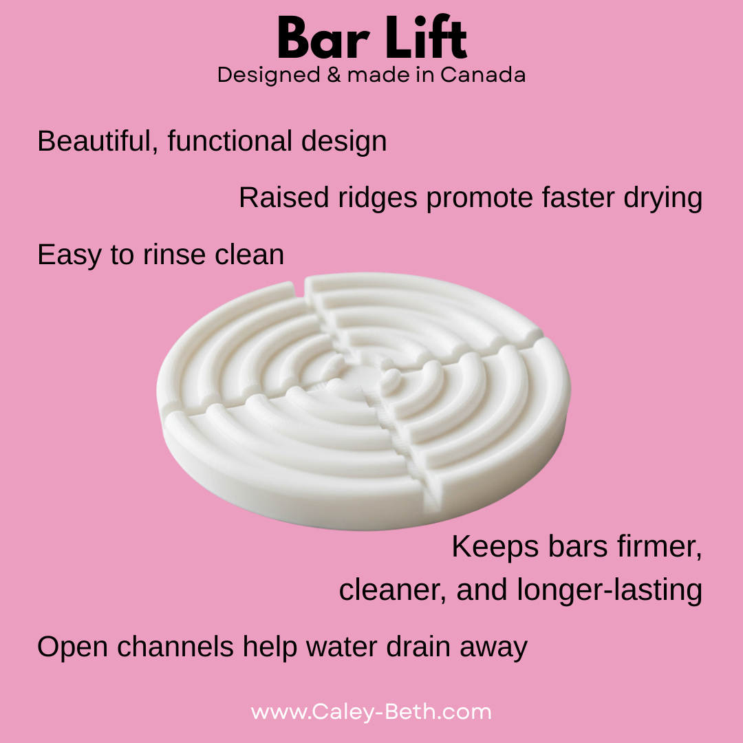 Caley-Beth Body Wash Bar Lift designed to keep body wash, shampoo, and conditioner bars dry, cleaner, and longer-lasting. Designed and made in Canada.