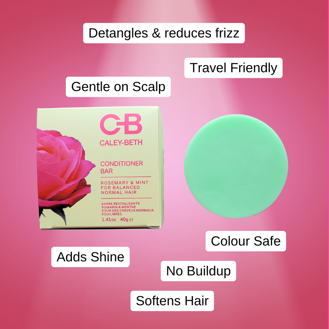 Caley-Beth Solid Conditioner Bar with list of benefits: smooths and detangles without buildup, adds shine, reduces frizz, travel-friendly, gentle on scalp, softens hair. Zero-waste, plastic-free, colour safe, and made in Canada.