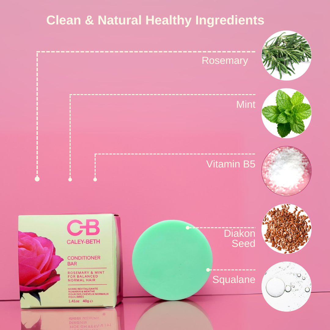 Caley-Beth Conditioner Bar made in Canada with clean, natural ingredients like rosemary and mint. Plastic-free, zero-waste, and perfect for soft, manageable hair.