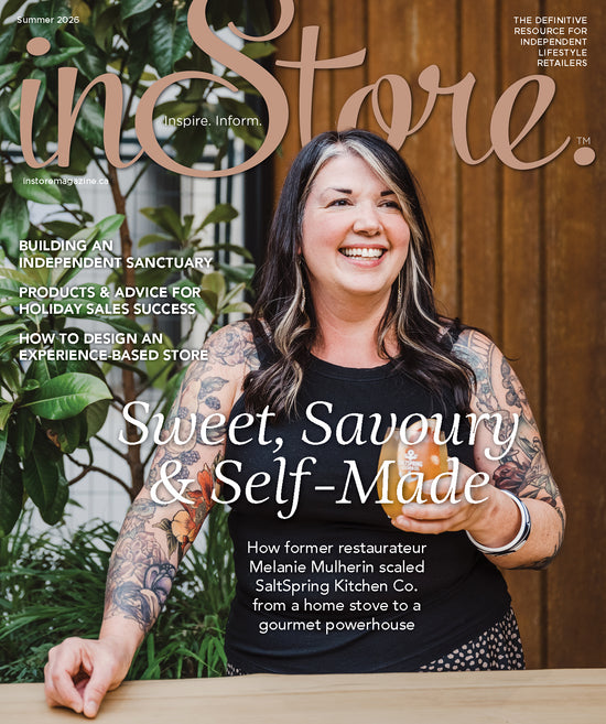 Caley-Beth featured in InStore Magazine showcasing the Shampoo Bar, Conditioner Bar, and Lavender & Bergamot Better-than-Soap Body Wash Bar.
