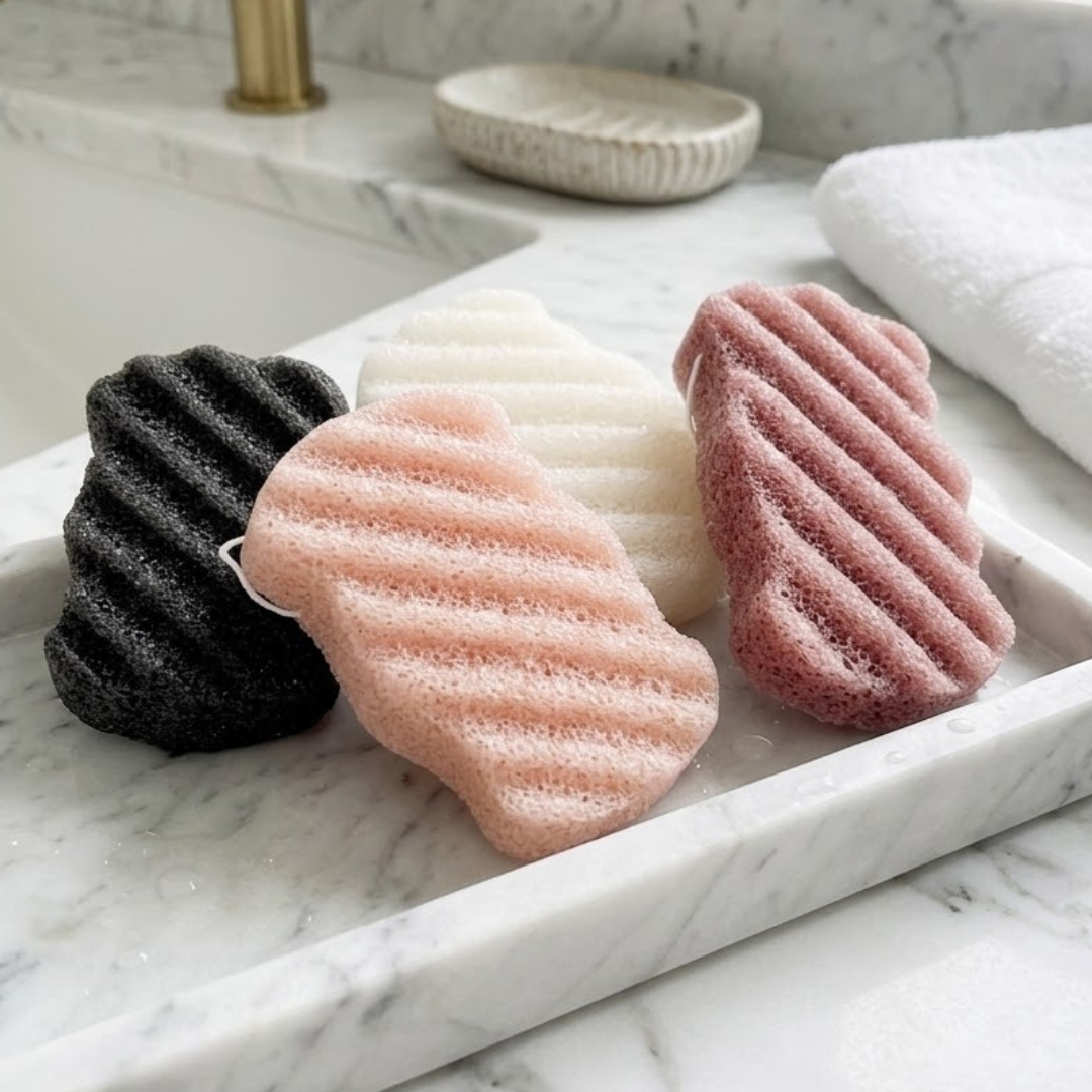 Caley-Beth Konjac sponge for gentle cleansing and exfoliation of the face and body, available in a variety of colours for everyday skincare.