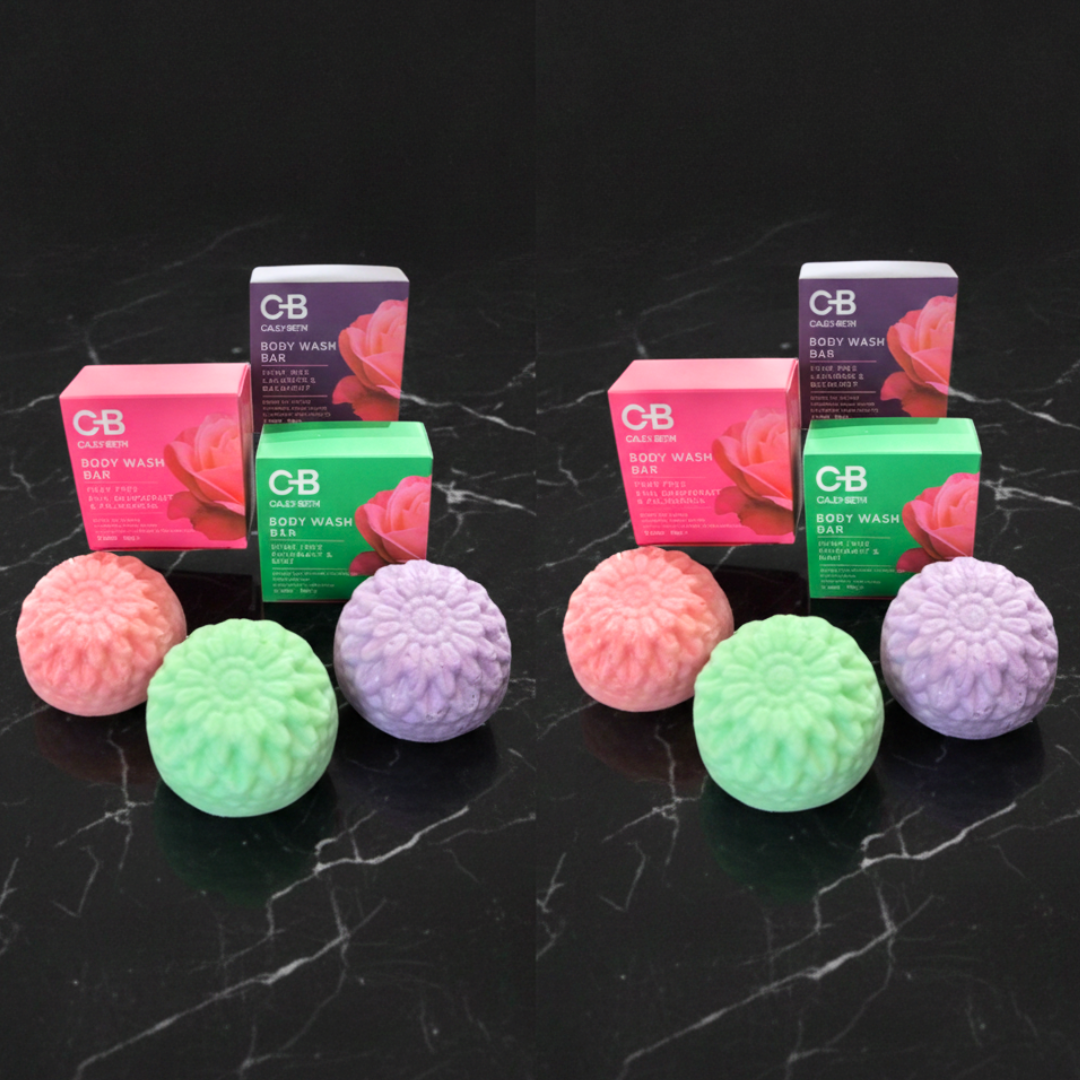 Bundle of six Canadian-made Caley-Beth Body Wash Bars featuring two each of Pink Grapefruit & Palmarosa, Rosemary & Mint, and Lavender & Bergamot.