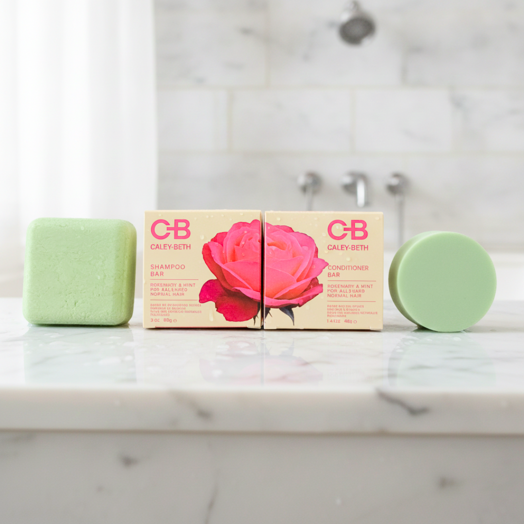 Caley-Beth Soft & Shiny Hair Bundle featuring a Canadian-made shampoo bar and conditioner bar for soft, shiny, healthy-looking hair with zero-waste hair care.