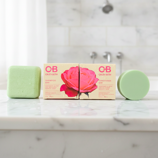 Caley-Beth Soft & Shiny Hair Bundle featuring a Canadian-made shampoo bar and conditioner bar for soft, shiny, healthy-looking hair with zero-waste hair care.