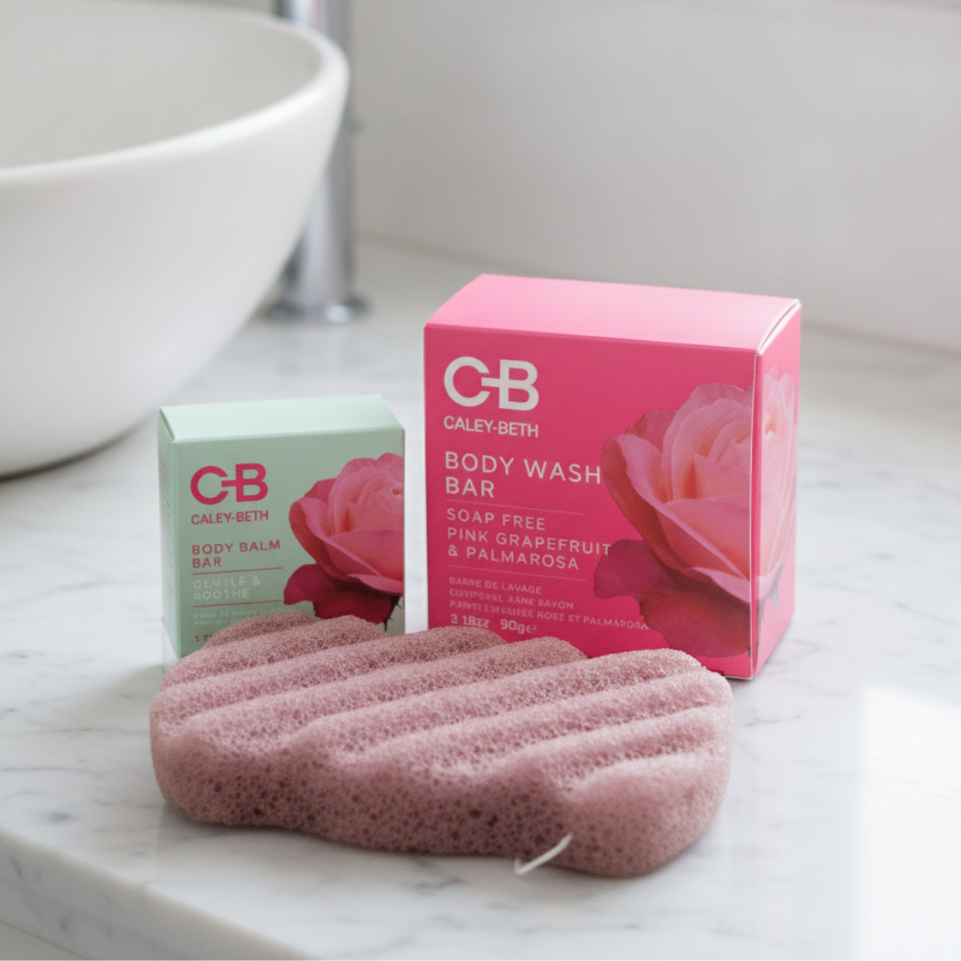 Caley-Beth Soft Skin Set, a Canadian-made body care gift set featuring a Body Wash Bar, nourishing Body Balm Bar, and Konjac Sponge for soft, hydrated skin.