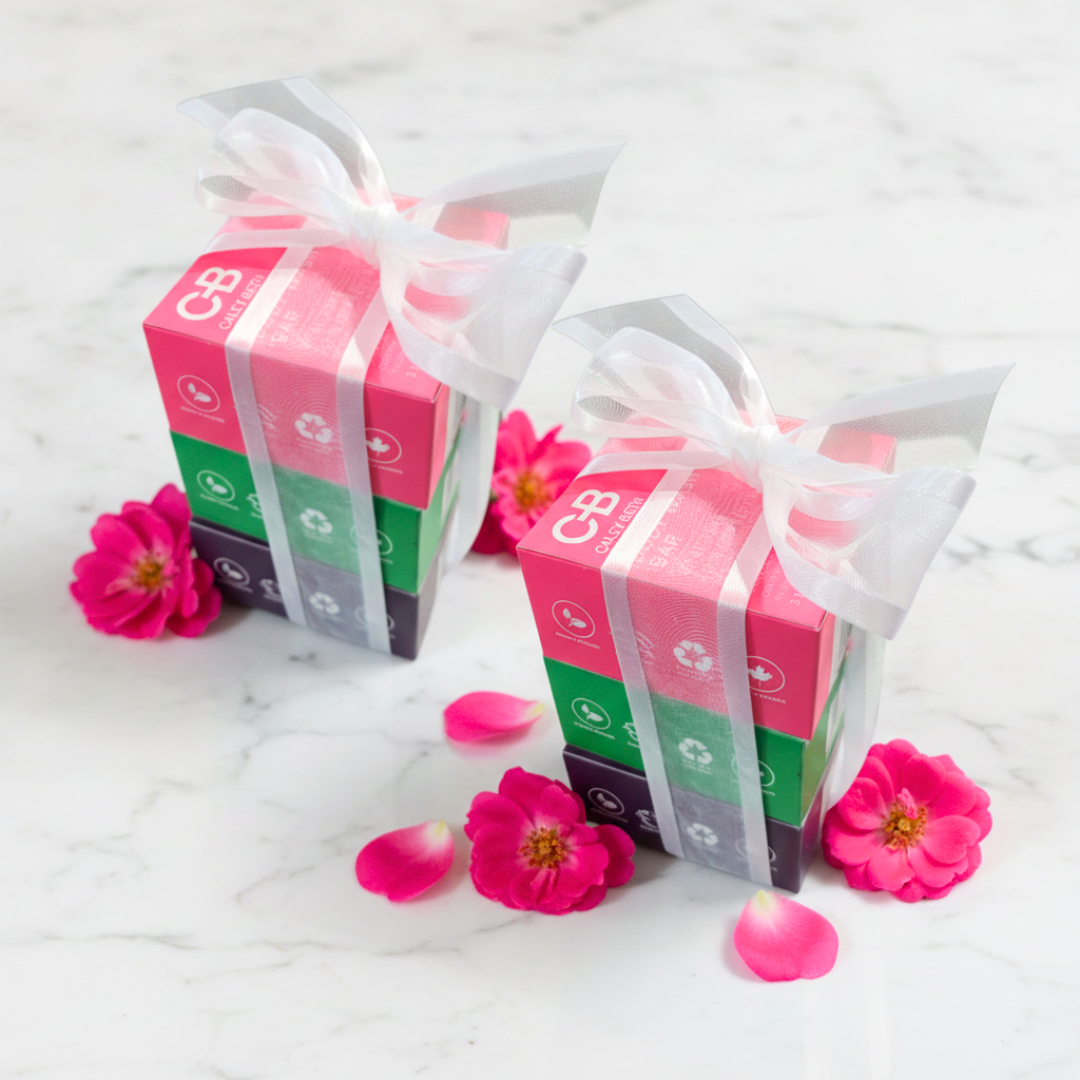 Gift-wrapped bundle of six Canadian-made Caley-Beth Body Wash Bars with bows, featuring Pink Grapefruit & Palmarosa, Rosemary & Mint, and Lavender & Bergamot.