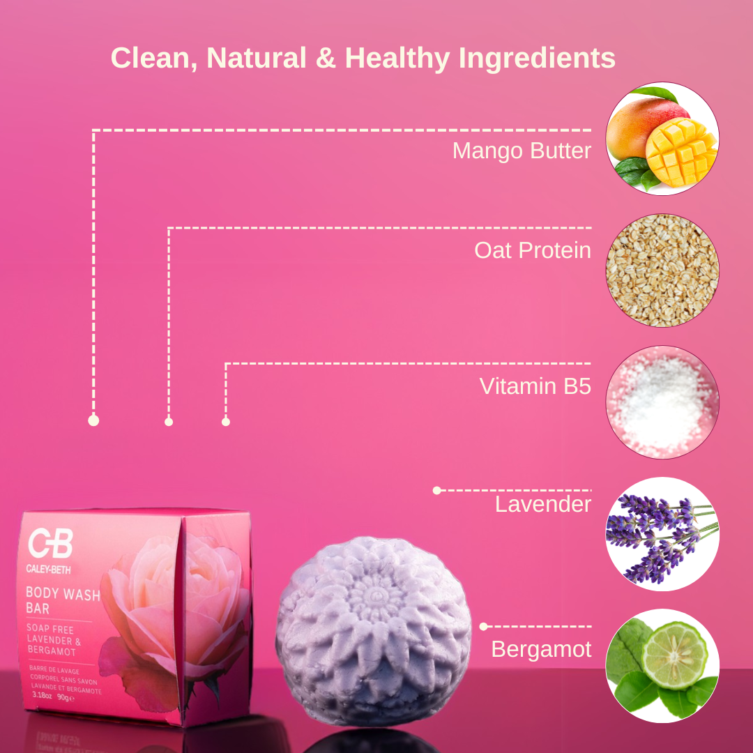 Close-up of Caley-Beth’s Lavender & Bergamot Body Wash Bar surrounded by clean, natural ingredients like mango butter and oat protein.