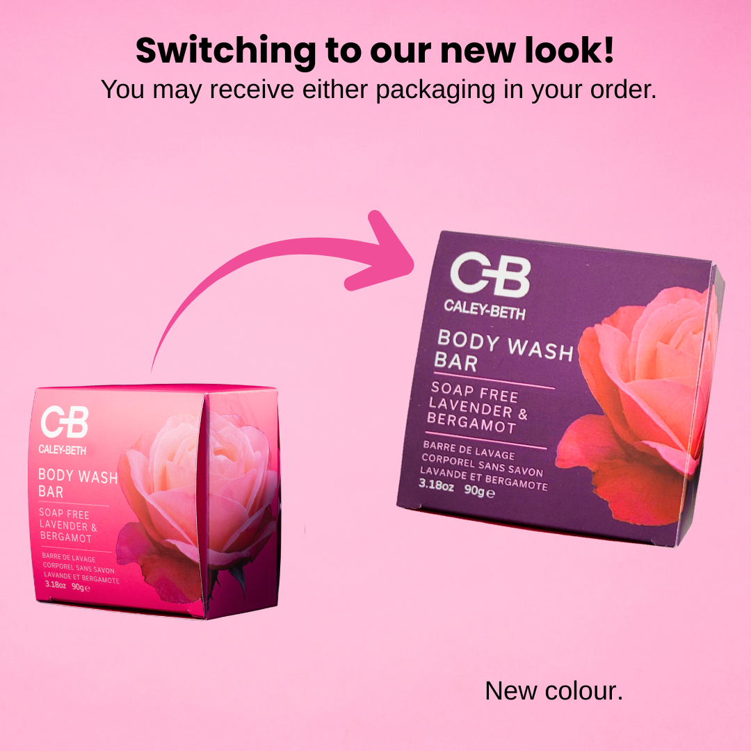 Side-by-side comparison of the old and new packaging for Caley-Beth's Lavender & Bergamot Body Wash Bar.