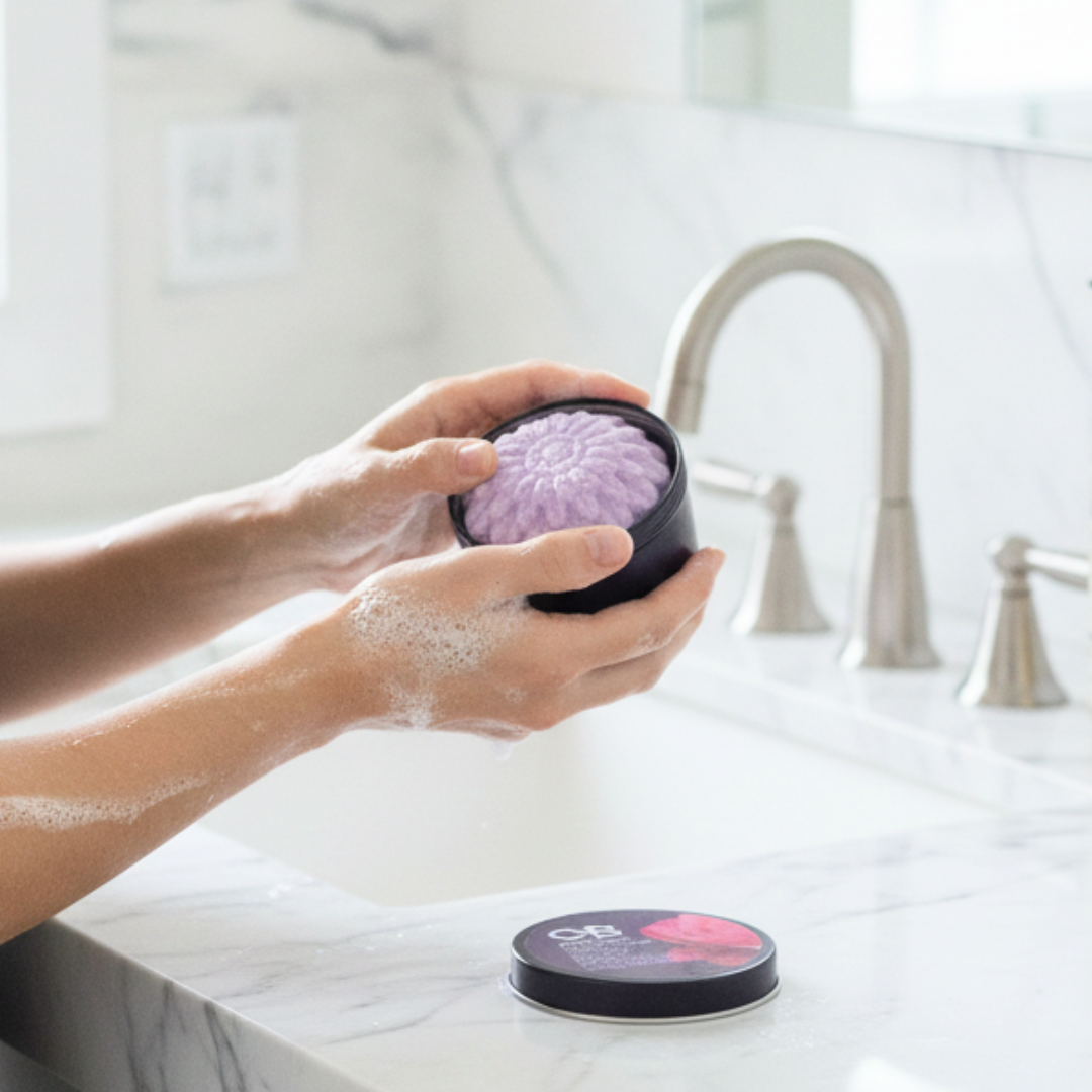 Canadian-made Lavender & Bergamot Body Wash Bar with travel tin and Bar Lift for plastic-free body care.