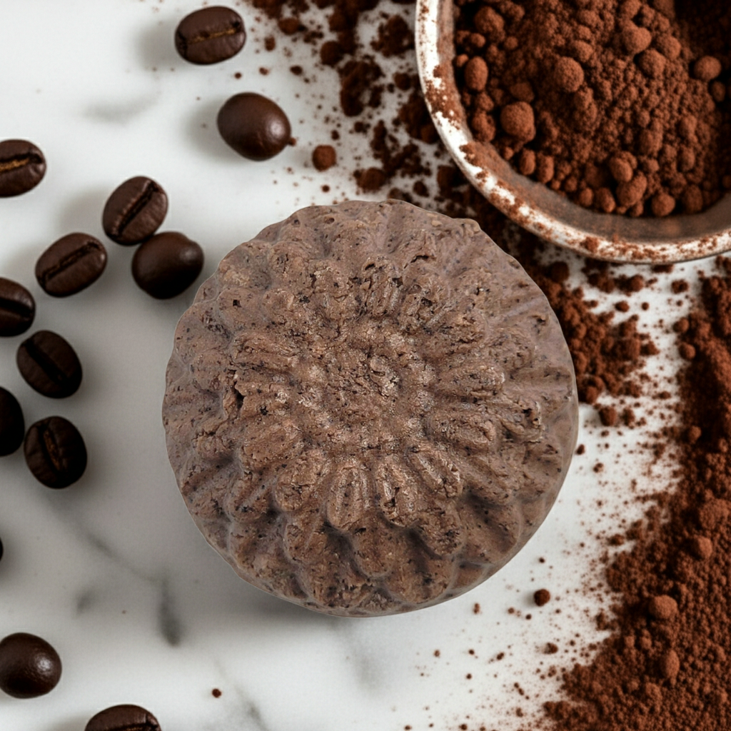 Mocha coffee scrub body wash bar made in Canada, exfoliating cleanser with coffee and cocoa butter.