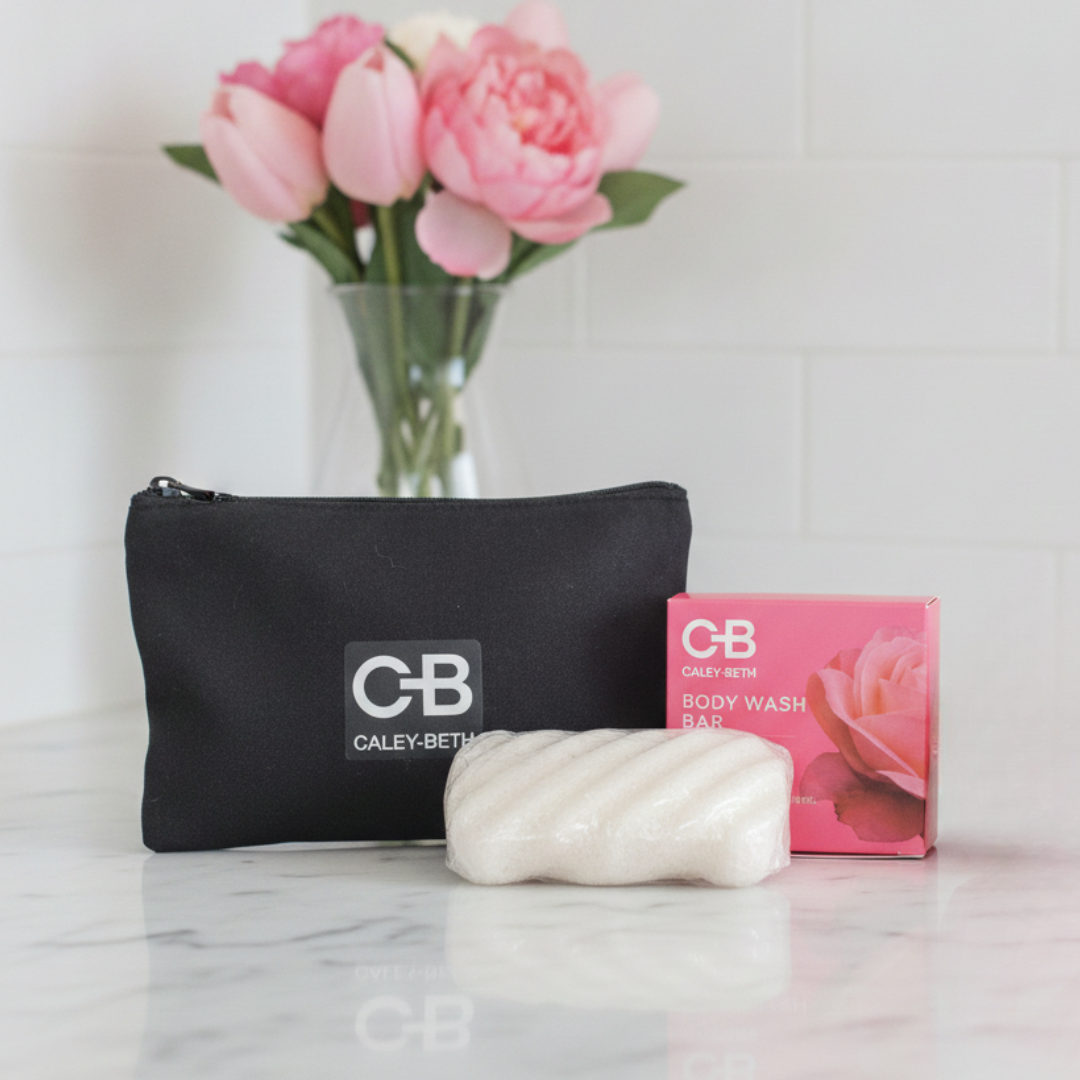 Caley-Beth Perfectly Polished Bath Set featuring a Better-Than-Soap Body Wash Bar, Konjac Sponge and Cosmetic Case, a thoughtful gift for an enjoyable everyday body care routine.