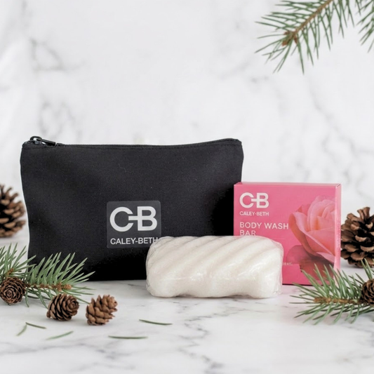 Caley-Beth Perfectly Polished Bath Set holiday gift featuring a Better-Than-Soap Body Wash Bar, Konjac Sponge and Cosmetic Case, beautifully suited for holiday gifting and everyday self-care.