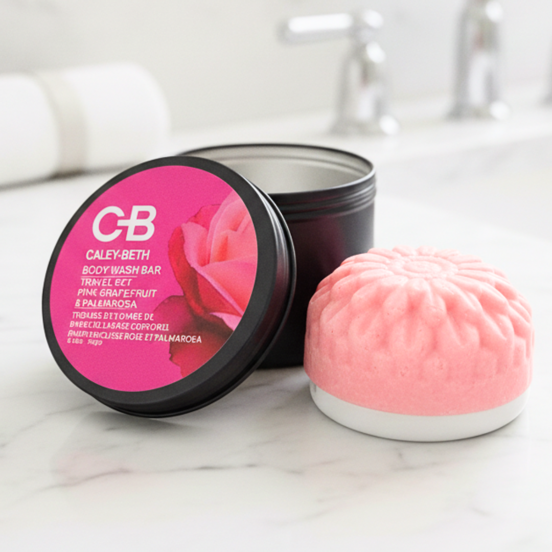 Pink Grapefruit & Palmarosa Body Wash Bar Travel Set with Bar Lift and reusable travel tin, made in Canada.