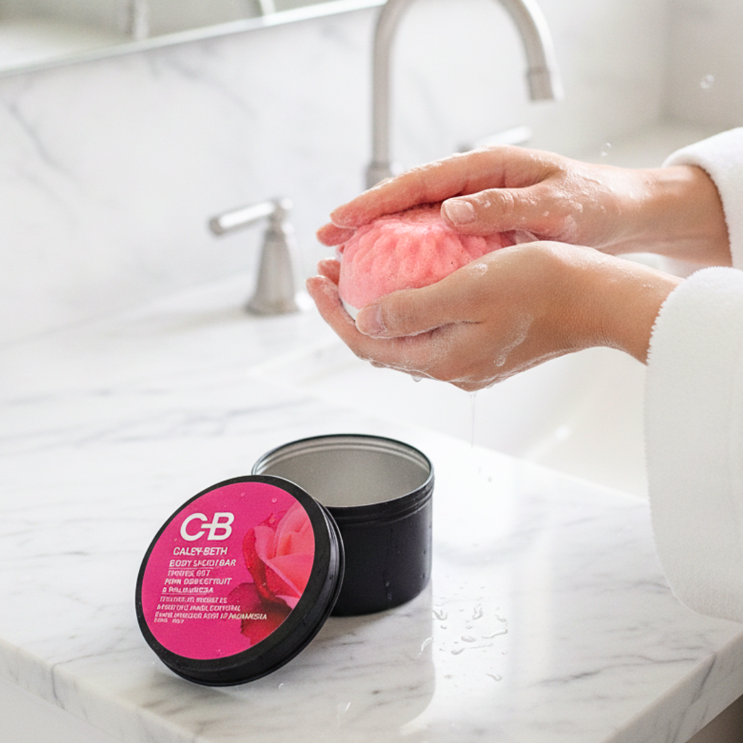 Canadian-made Pink Grapefruit & Palmarosa Body Wash Bar with travel tin and Bar Lift for plastic-free body care.