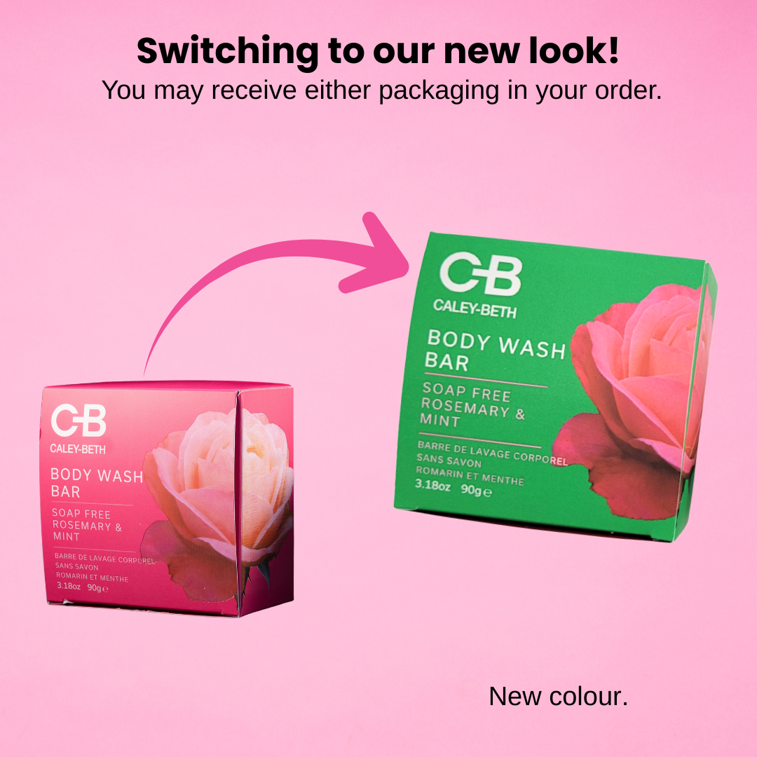 Graphic showing the old and new packaging designs for the Caley-Beth Rosemary & Mint Body Wash Bar as part of a packaging refresh.