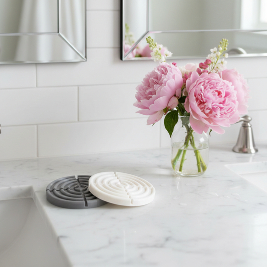 Soap saver dish bar lifts in white and pewter made in Canada, draining soap dish to keep body wash bars dry and longer lasting