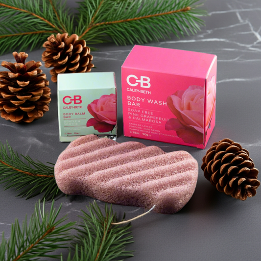 Caley-Beth Soft Skin Gift Set featuring a Better-Than-Soap Body Wash Bar, nourishing Body Balm Bar and Konjac Sponge, a thoughtful gift for soft, hydrated skin.