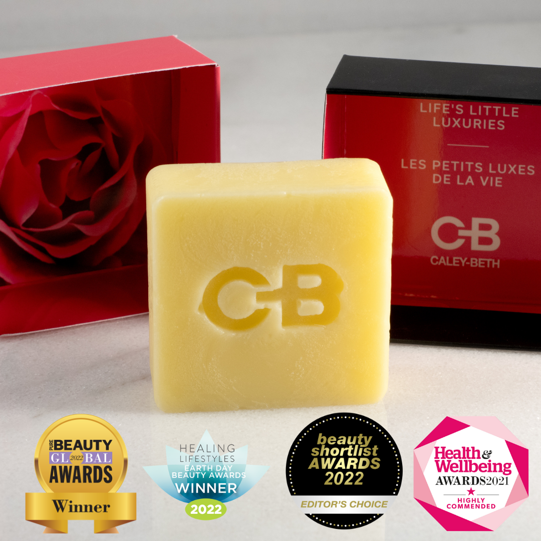A Caley-Beth Shave Balm Bar on a bathroom counter, ready to provide a moisturizing, comfortable shave. Made in Canada with clean, natural ingredients.